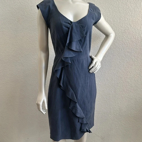 Rebecca Taylor Mason Blue Cap Sleeve Ruffle Linen Sheath Dress NWT Sz.6 - Picture 7 of 8